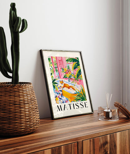 Fox in bathtub inspired by Matisse art, Pink tropical bathroom decor, Mid century wall art, Funny poster
