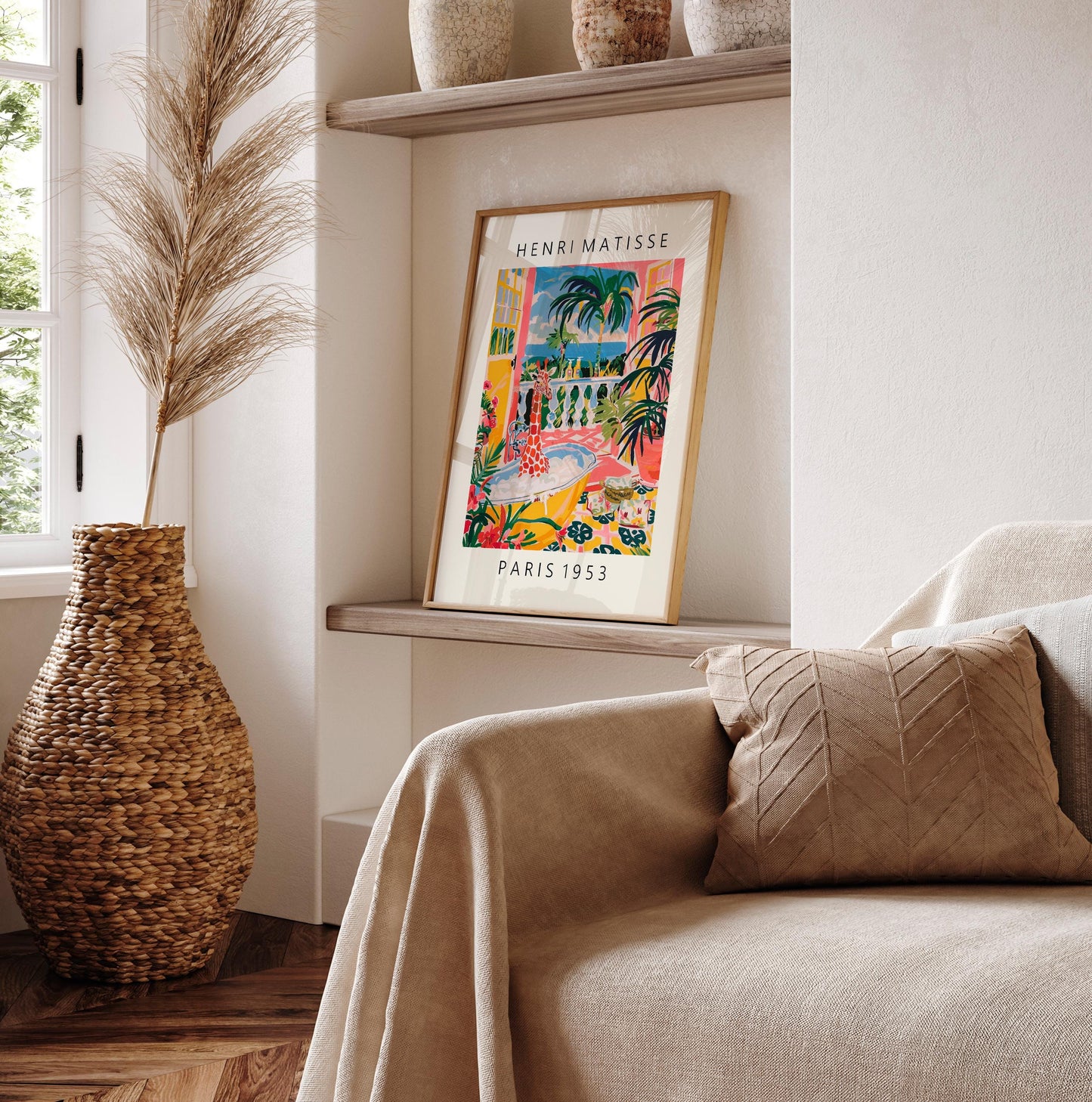 Giraffe in bathtub inspired by Matisse art, Funny poster, Mid century print, Pink bathroom decor, Tropical flowers wall art