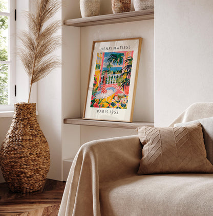 Giraffe in bathtub inspired by Matisse art, Funny poster, Mid century print, Pink bathroom decor, Tropical flowers wall art