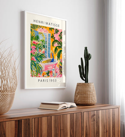 Peacock in bathtub art print, Pink maximalist decor, Matisse poster, Tropical print, Bathroom wall art, Bird art print