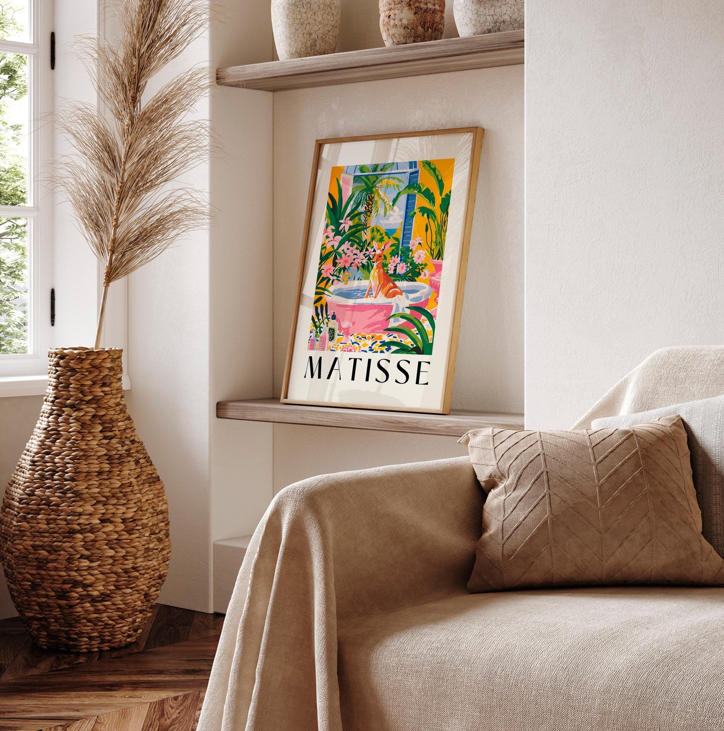 Kangaroo in bathtub art print, Maximalist decor, Henri Matisse art, Pink tropical bathroom decor, Animal art print