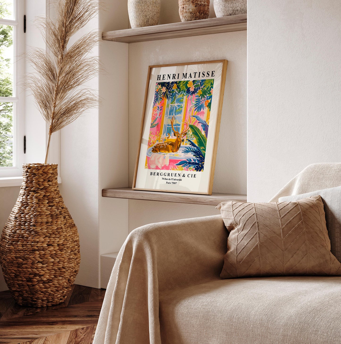 Deer in bathtub funny poster, Matisse print, Maximalist wall art, Pink bathroom decor