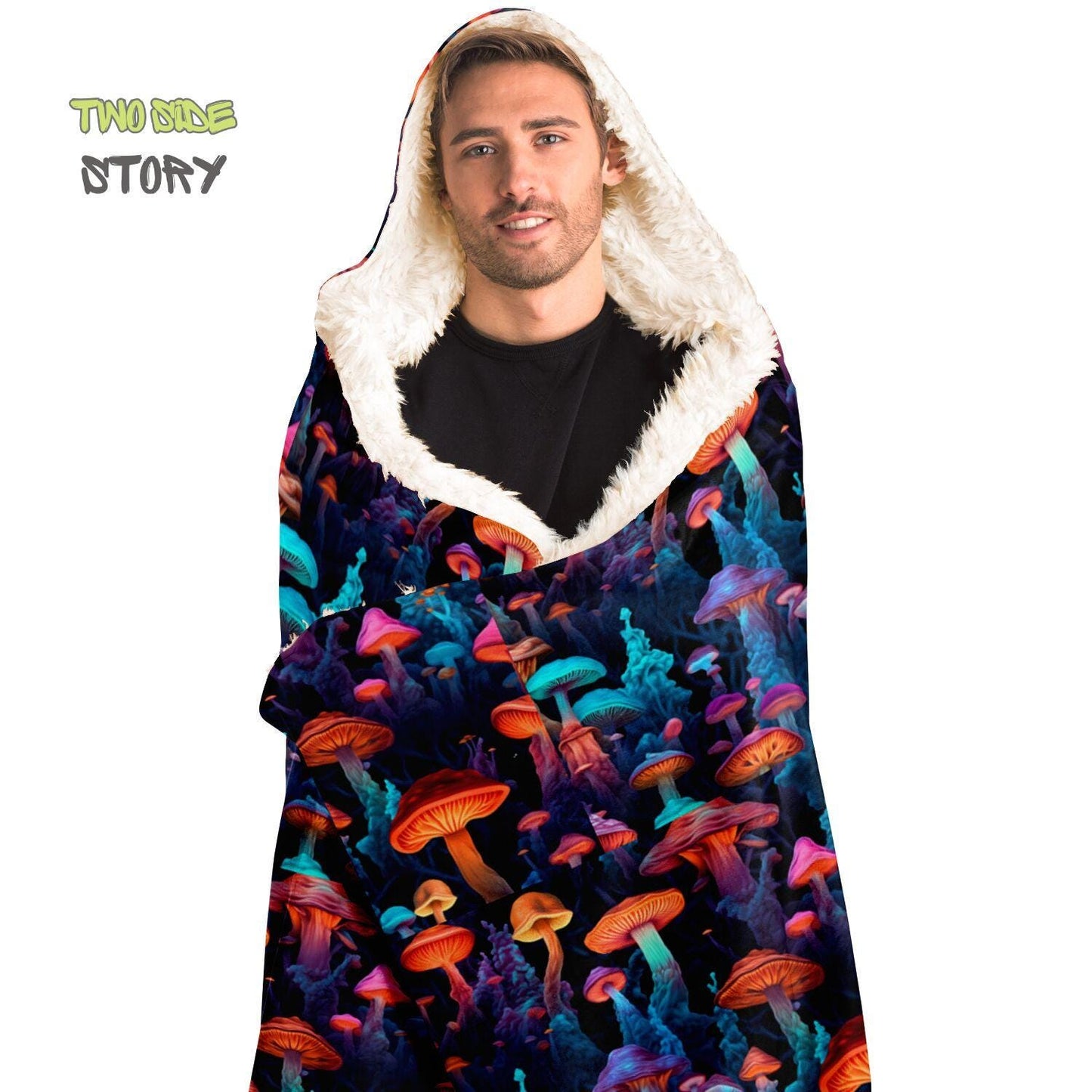 Micro-fleece Psychedelic Mushrooms Hooded Cloak,Psychedelic Clothes,Festival Rave Party Wear,Festival Cape,Psychedelic Cape,Wearable Blanket