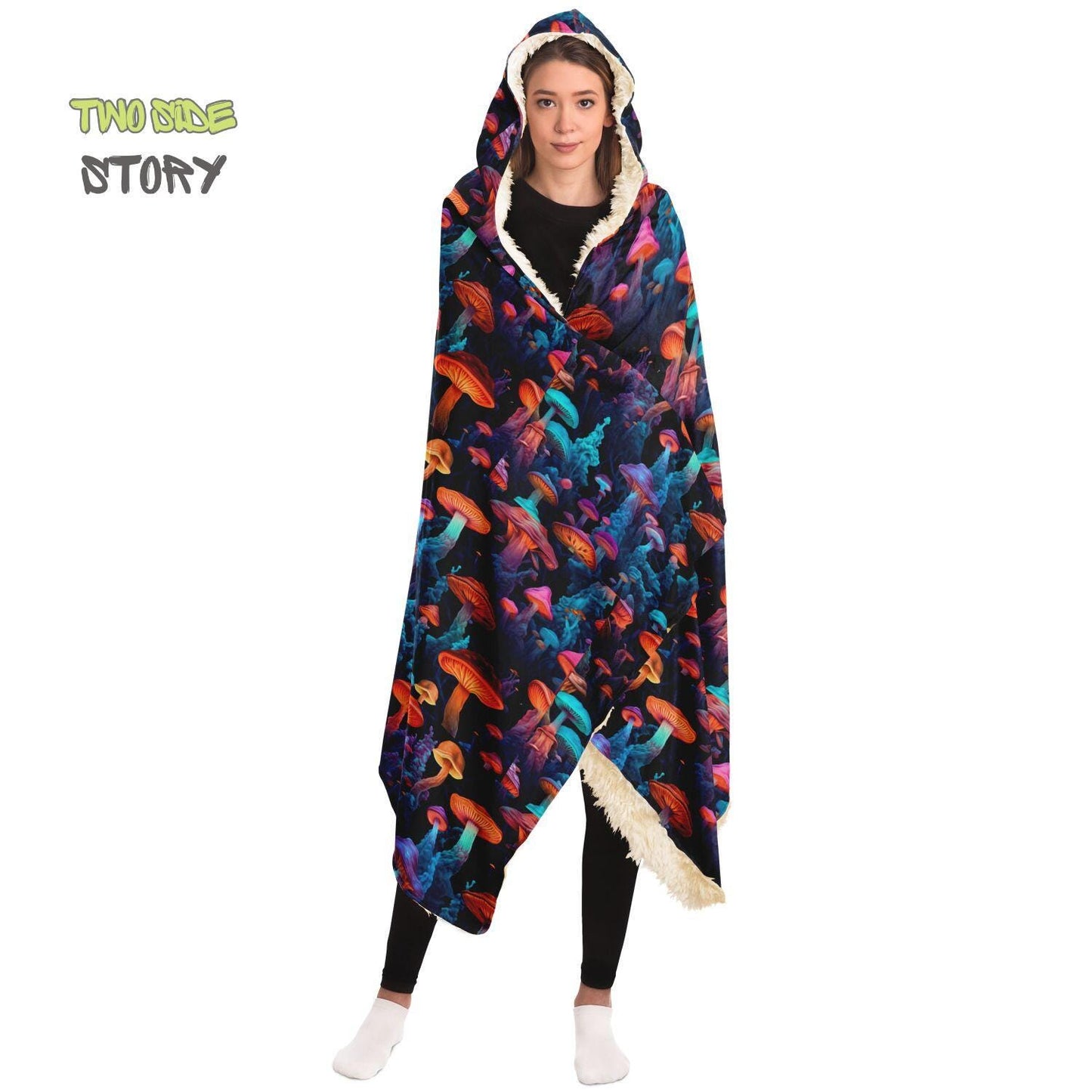 Micro-fleece Psychedelic Mushrooms Hooded Cloak,Psychedelic Clothes,Festival Rave Party Wear,Festival Cape,Psychedelic Cape,Wearable Blanket