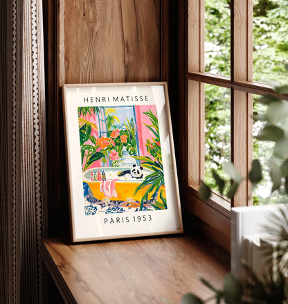 Panda in Bathtub Art Print: Matisse Style Bathroom Wall Art