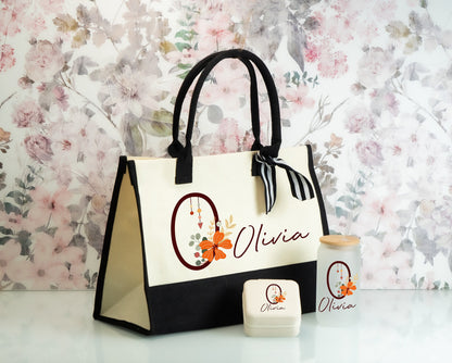 Colorful Initial and Name Gift Set, Canvas Name Tote, Personalized Frosted Glass Tumbler, Vegan Square Jewelry Box, Bridesmaid Gift Sets