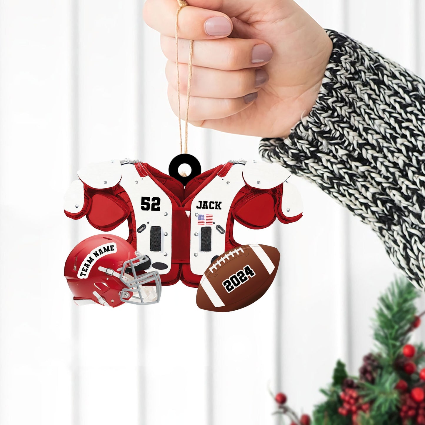 Personalized Football American Christmas Ornament, Custom Name Ornament, Football Vest Car Ornament, Flat 2D Ornament,  Gift for Boyfriend