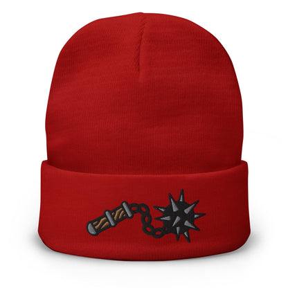 Ball and Chain Flail Beanie, Traditional Tattoo Beanie, Tattoo Inspired Clothing, Embroidered Beanie, Medieval Weapon, Gothic Style