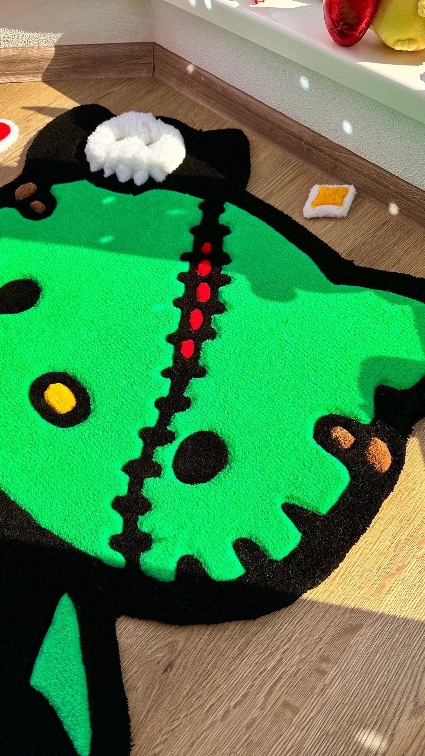 Green Halloween Dino Tufted Rug – Spooky Cute Carpet, Handmade Puffy Floor Mat, Kawaii Decor for Kids Room, 3D Custom Rug Gift