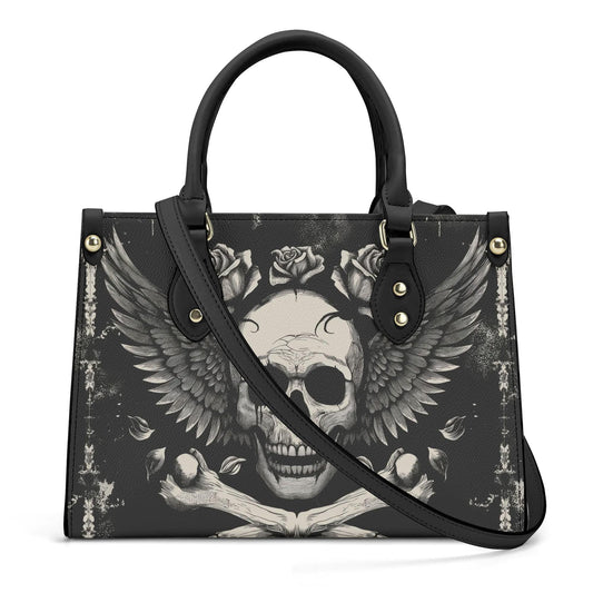 Bones and Skull Leather Tote Bag, Goth Wings Trendy Goth Handbag, Dark academia Vegan Leather Handbag Gift Black Purse, Whimsicore Handbag