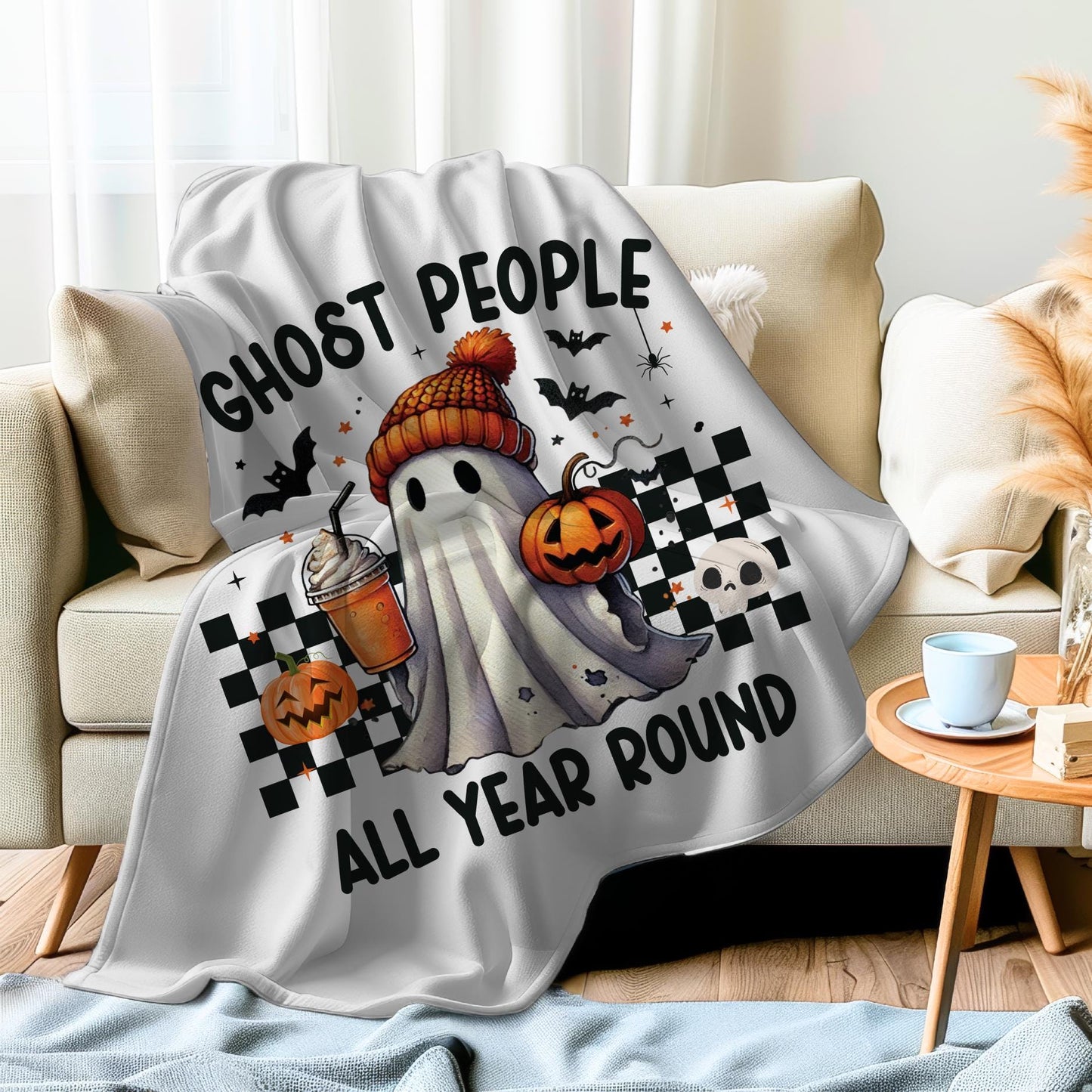 Funny Halloween Blanket | Ghost Blanket | Funny Ghost Throw | Spooky Ghost with Coffee Blanket | Ghost Iced Coffee Blanket