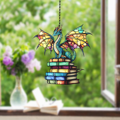 Green Dragon Sleeping on Books Acrylic window hanging, Fantasy dragon Wall Window Hanging Art Decoration, Book lovers home decor Ornament