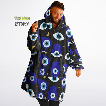 Unisex Evil Eye Print Snug Hoodie,Mykonos Eye Printed Hooded Blanket,Blanket Sleeves,Lounge Wear,Unique,Novelty Gift,Birthday Christmas Gift