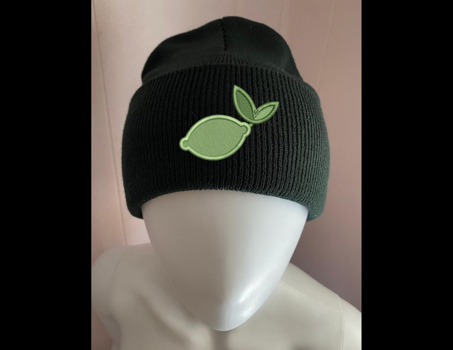 Embroidered Cute LIME Beanie, Green Lime w Stem & Leaf Winter Hat, Cute Garden Beanie, Nature Plant Winter Hat, Cute Fruit Gift