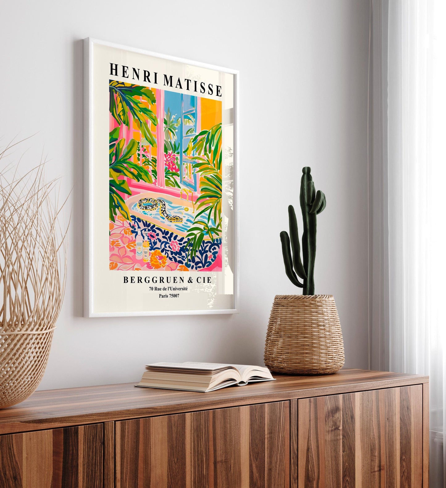 Snake in bathtub poster, Matisse print, Dopamine decor, Pink tropical bathroom art