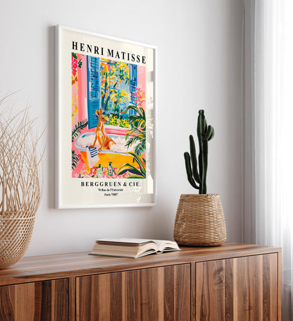 Kangaroo in bathtub art print, Dopamine art, Funny Matisse poster, Pink tropical bathroom decor