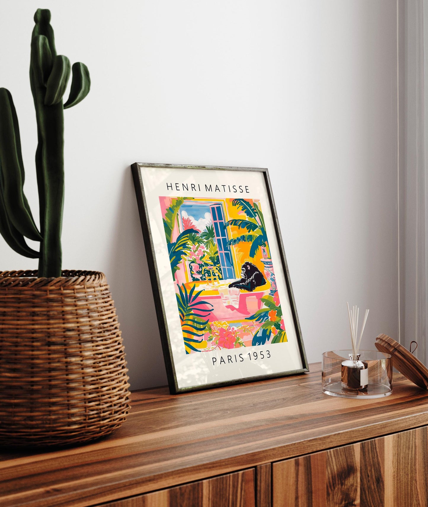 Gorilla in bathtub pink poster, Dopamine decor, Matisse style maximalist print, Tropical wall art