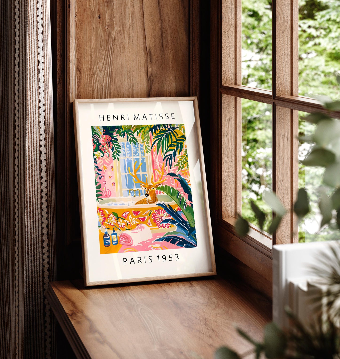 Deer in Bathtub Art Print: Maximalist Matisse Style Bathroom Wall Art