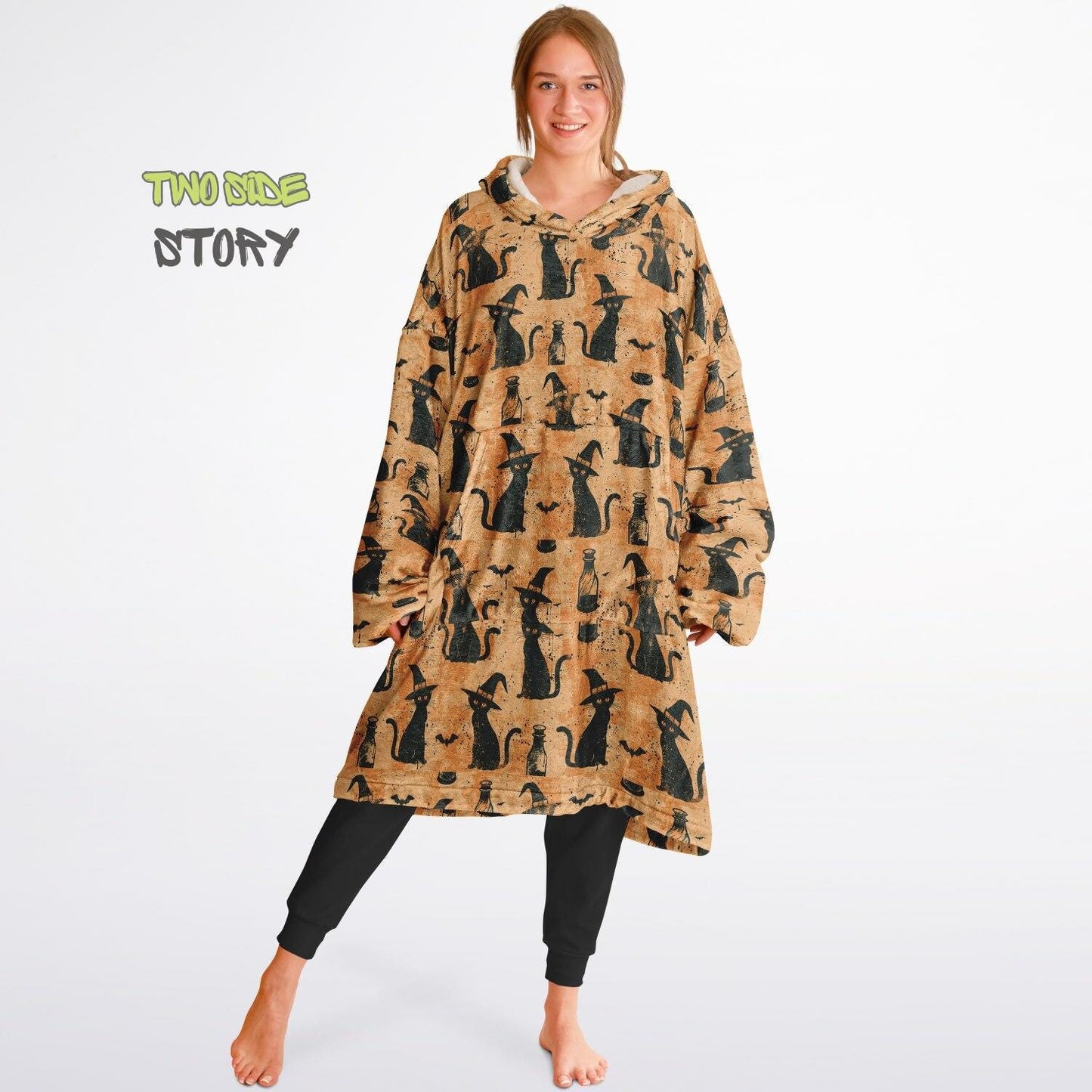 Unisex Halloween Which Cat Print Snug Hoodie,Printed Hooded Blanket,Blanket Sleeves,Lounge Wear,Unique,Novelty Gifts,Birthday Christmas Gift