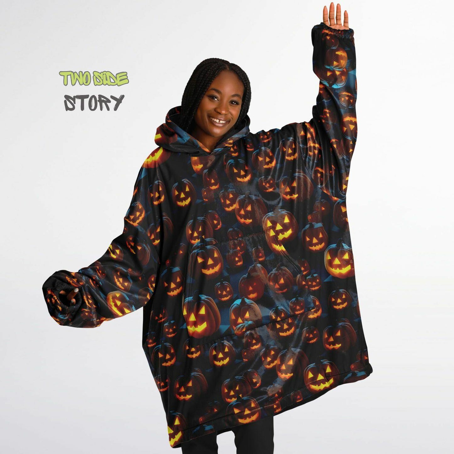 Fun Halloween Glowing Pumpkin Snug Hoodie,Printed Hooded Blanket,Blanket Sleeves,Lounge Wear,Novelty Birthday Christmas Gifts for Him or Her