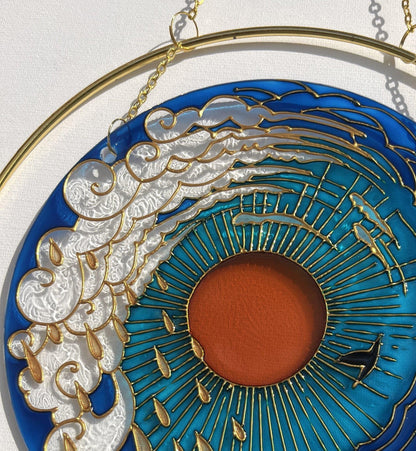 Stained glass suncatcher Sea mood Sun Cloud Bird Unique painting Cute gift
