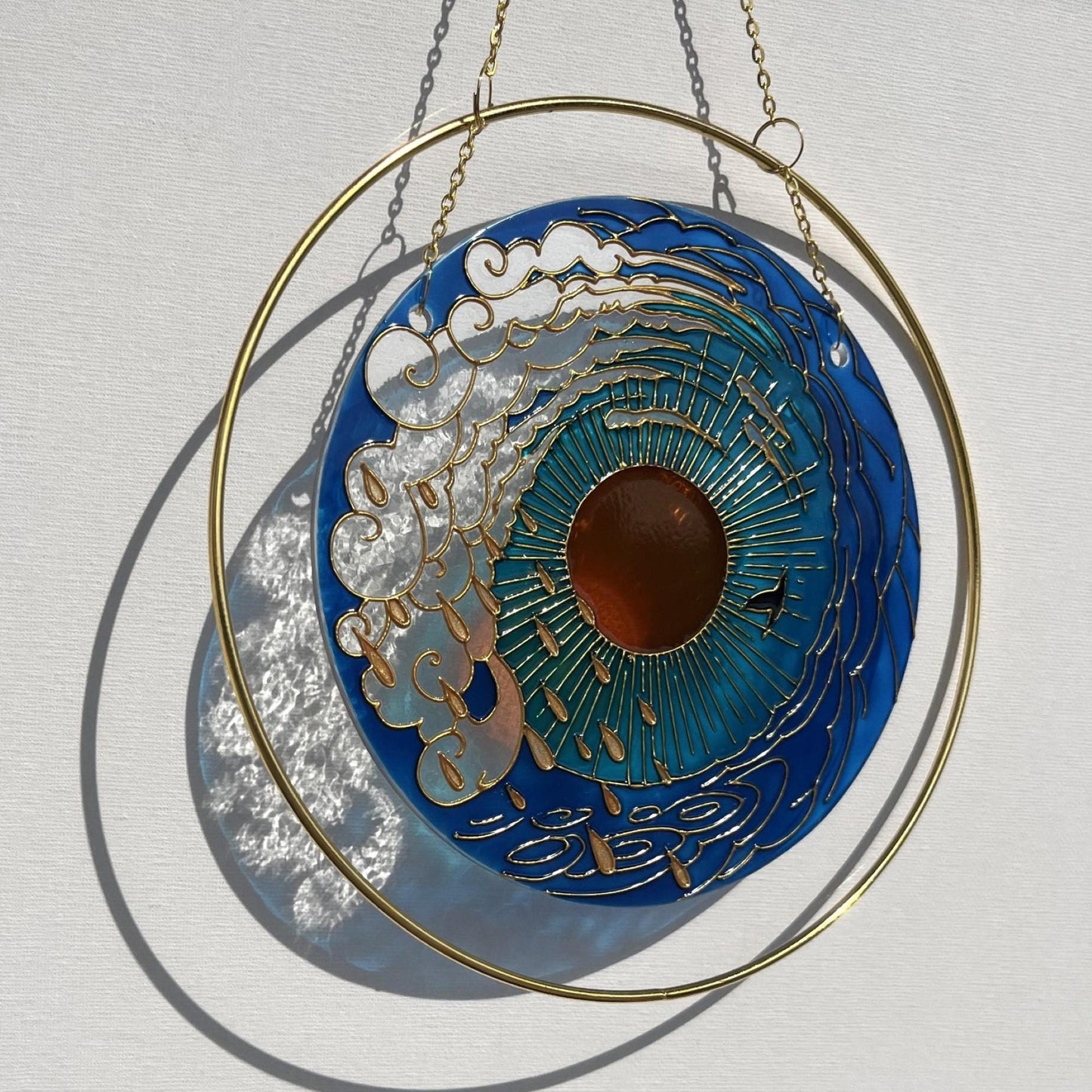 Stained glass suncatcher Sea mood Sun Cloud Bird Unique painting Cute gift