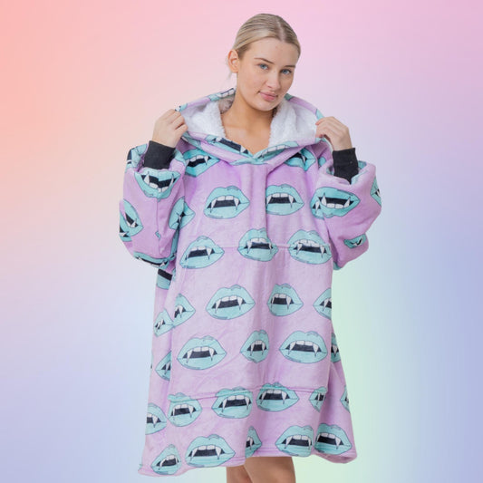 Vampire Lips Halloween Spooky Hoodie Blanket Oversized Thick Sherpa Hoodie Snugclub One Size