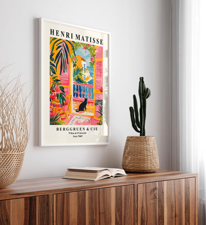 Black cat Matisse print, Beachy decor, Pink dopamine art, Mid century modern poster, Maximalist poster