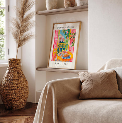 Matisse Style Coffee and Croissant Art Print: Pink Mid Century Poster