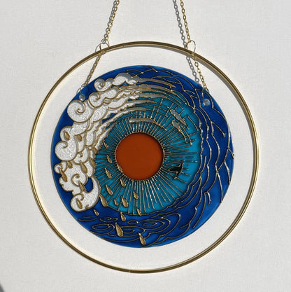 Stained glass suncatcher Sea mood Sun Cloud Bird Unique painting Cute gift