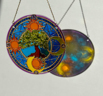 Symbols Tree of life Sun Moon Shine Suncatcher for window Zodiac gift Gold living room decor Stained glass painting