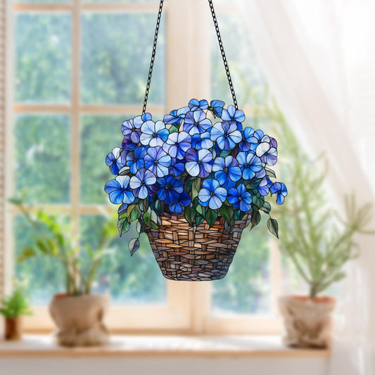 Lobelia Blue flowers Window Hanging, Purple Flower Pots Acrylic Window Hanging Art Decoration, Flower Lovers Gift, Gift for her, House Decor