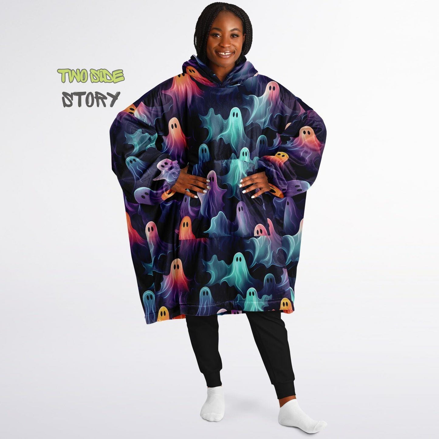 Fun Halloween Neon Ghosts Snug Hoodie,Printed Hooded Blanket,Blanket Sleeves,Lounge Wear,Novelty Birthday Christmas Gifts for Him or Her