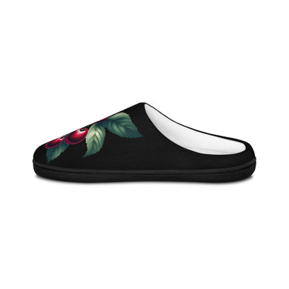 Indoor Slippers, Dark Red Cherry Toile Design, Women's House Shoes, Velvety Look, French Cherry Slipper, Fruit Slippers, Blackslipper