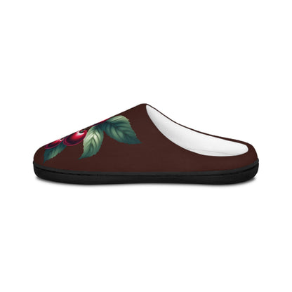 Women'sSlippers Chocolatebrown Dark Redcherry Design w/ Greenleaves Gift-for-mom Gift-for Grandma Gift For Dessertlover Gift For Fruitlovers