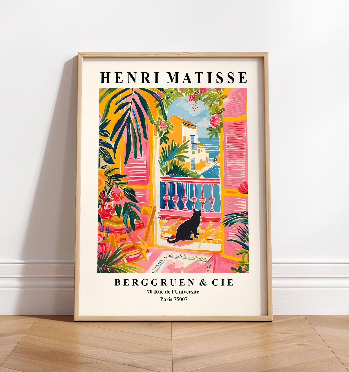 Black cat Matisse print, Beachy decor, Pink dopamine art, Mid century modern poster, Maximalist poster