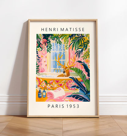 Deer in Bathtub Art Print: Maximalist Matisse Style Bathroom Wall Art