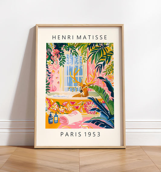 Deer in Bathtub Art Print: Maximalist Matisse Style Bathroom Wall Art