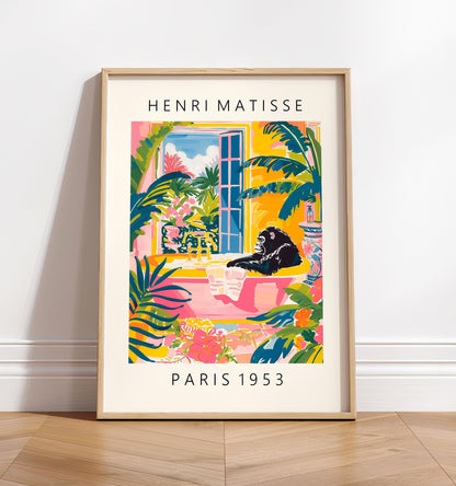 Gorilla in bathtub pink poster, Dopamine decor, Matisse style maximalist print, Tropical wall art