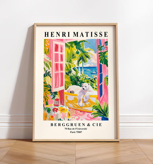 Pink Matisse print, Polar bear in bathtub art print, Maximalist dopamine art, Pink bathroom decor, Tropical wall decor