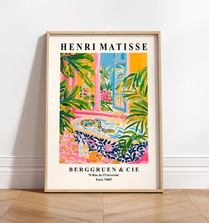 Snake in bathtub poster, Matisse print, Dopamine decor, Pink tropical bathroom art