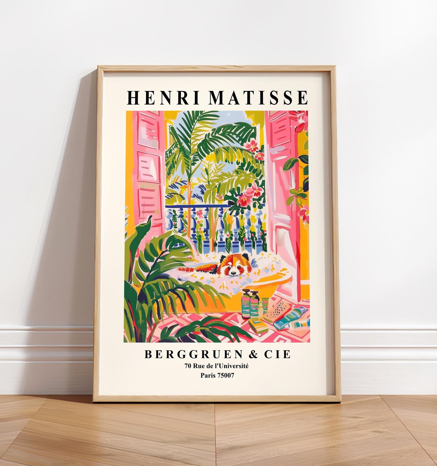 Red panda in bathtub funny poster, Matisse print, Bathroom decor, Pink tropical art print