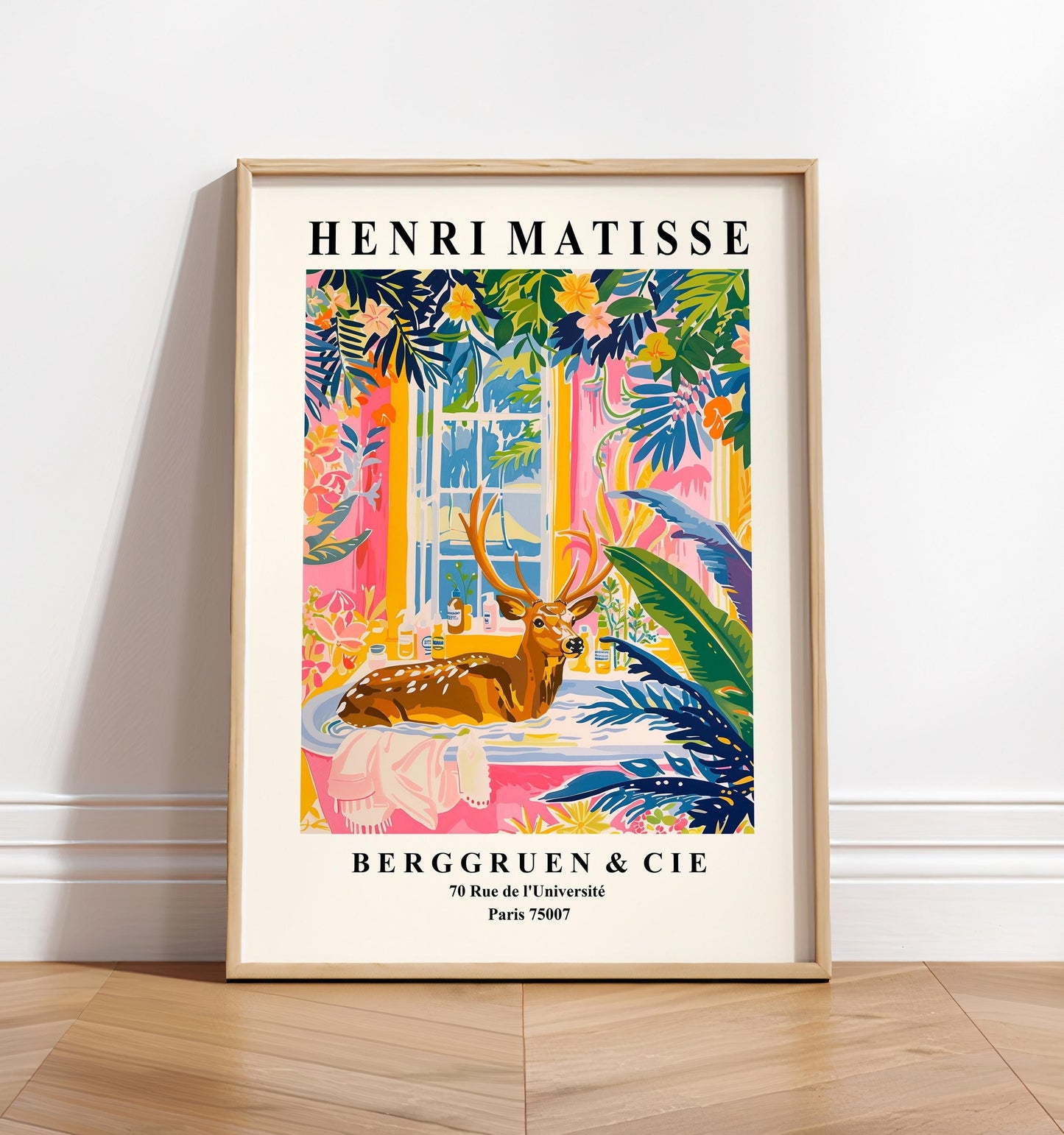 Deer in bathtub funny poster, Matisse print, Maximalist wall art, Pink bathroom decor