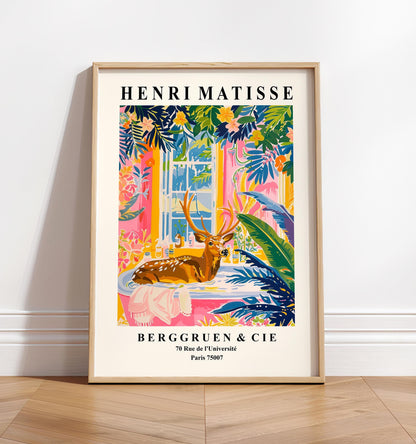 Deer in bathtub funny poster, Matisse print, Maximalist wall art, Pink bathroom decor