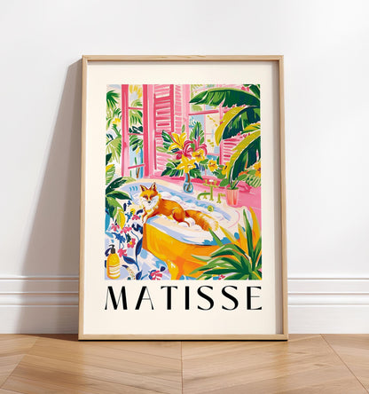 Fox in bathtub inspired by Matisse art, Pink tropical bathroom decor, Mid century wall art, Funny poster