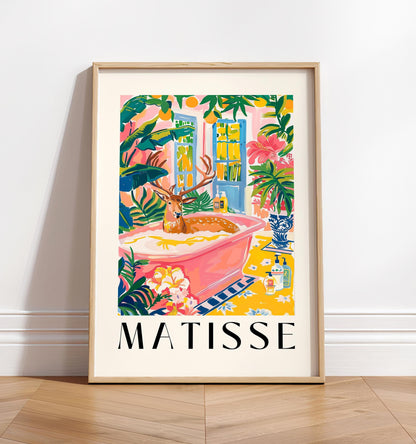 Deer in bathtub art print, Mid century art, Bathroom decor, Pink tropical flowers wall art, Matisse poster
