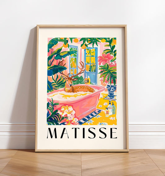 Deer in bathtub art print, Mid century art, Bathroom decor, Pink tropical flowers wall art, Matisse poster