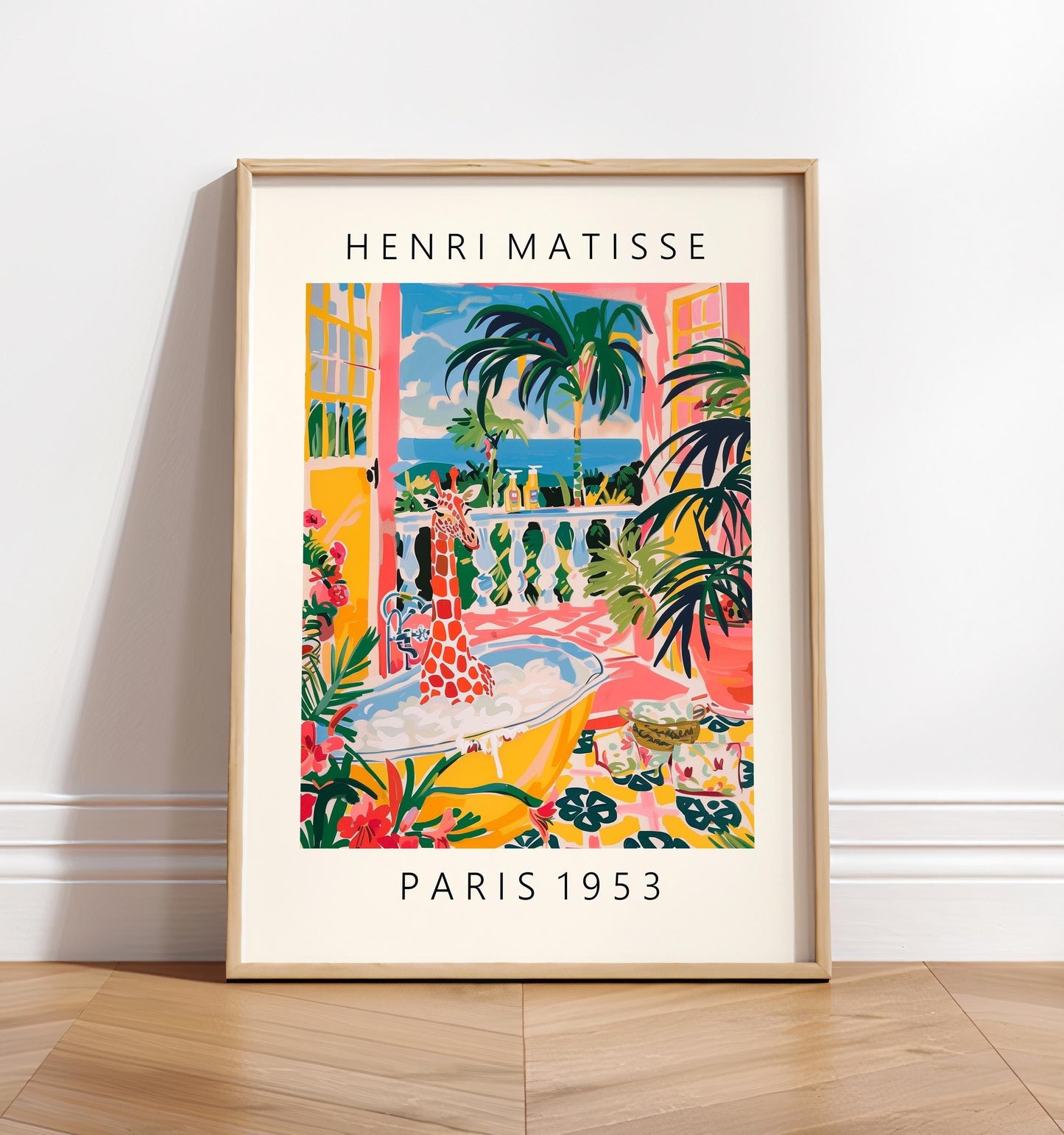 Giraffe in bathtub inspired by Matisse art, Funny poster, Mid century print, Pink bathroom decor, Tropical flowers wall art