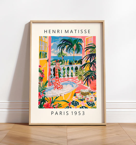 Giraffe in bathtub inspired by Matisse art, Funny poster, Mid century print, Pink bathroom decor, Tropical flowers wall art