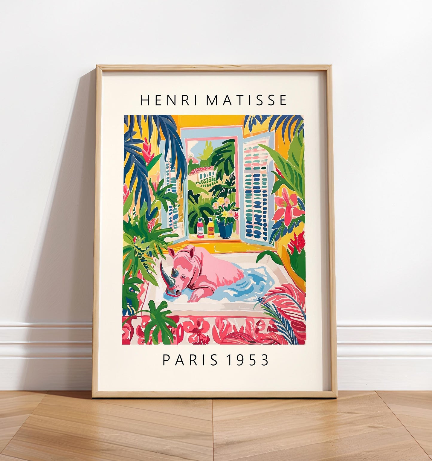 Rhino in bathtub art print, Matisse poster, Bathroom decor, Pink tropical wall art, Safari animal print